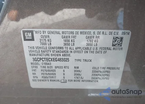 2014 Chevrolet Silverado 1500 High Country из США, поврежденный, VIN 3GCPCTECXEG483025